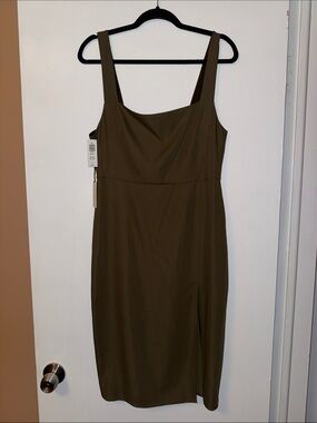 Babaton Square-Neck Olive Midi Dress with Side Slit